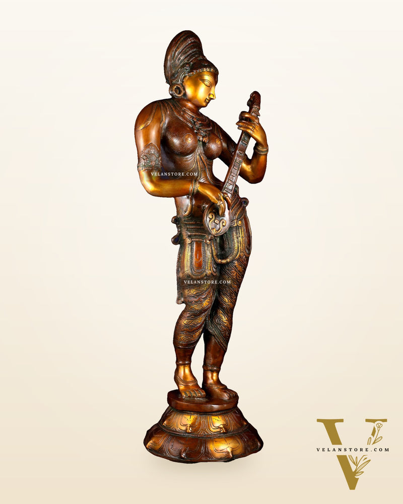 Pure Brass Standing Saraswati Statue – Unique Chola Style 35 inch