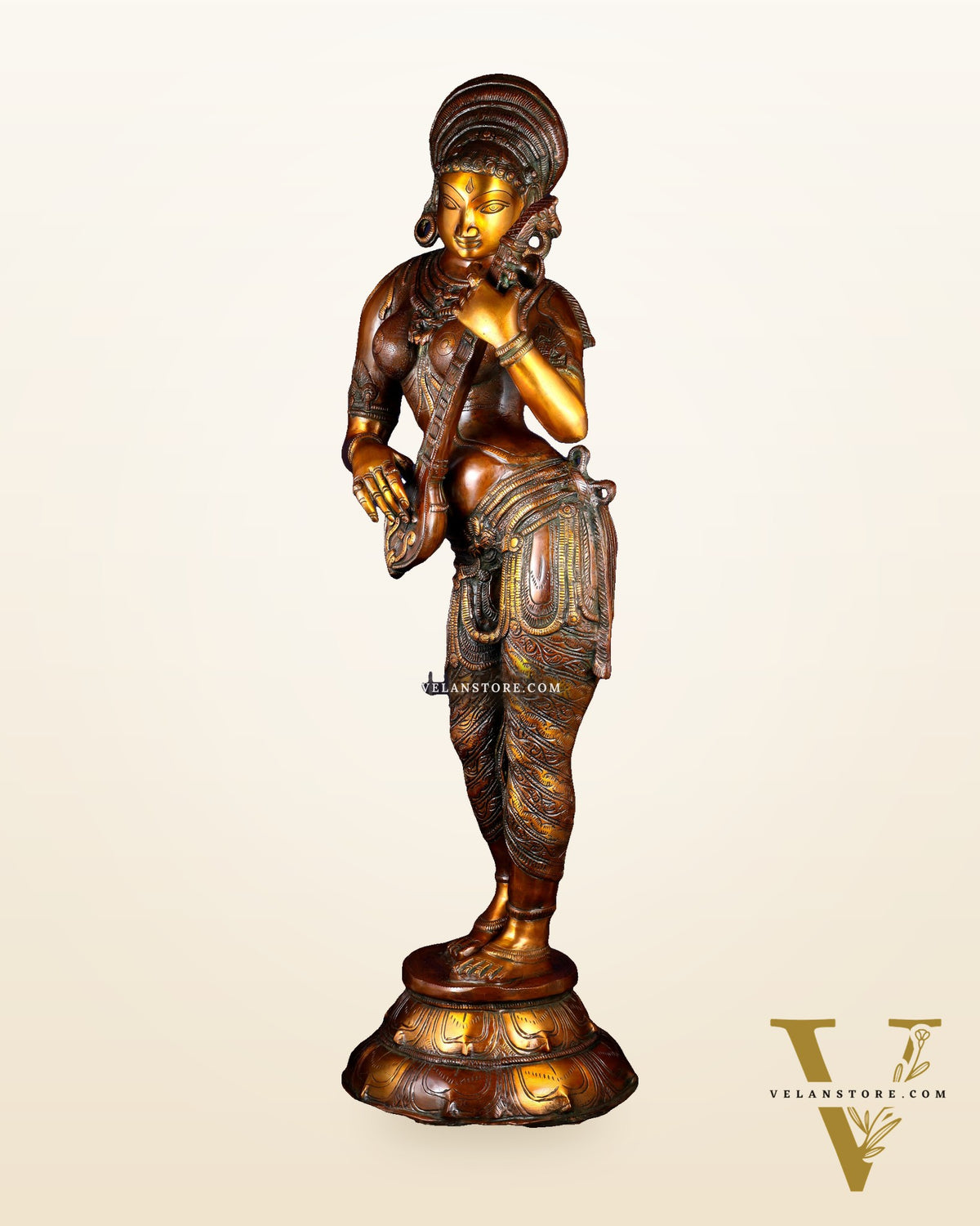 Pure Brass Standing Saraswati Statue – Unique Chola Style 35 inch