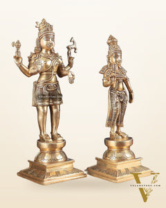 Pure Brass Standing Shiva Parvati Idols Pair 16"