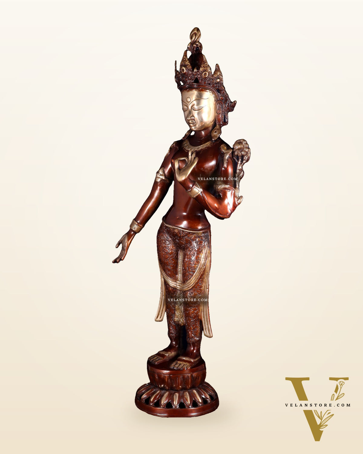 Pure Brass Standing Tara Idol – Dual Tone Copper & Golden Finish 30 inch