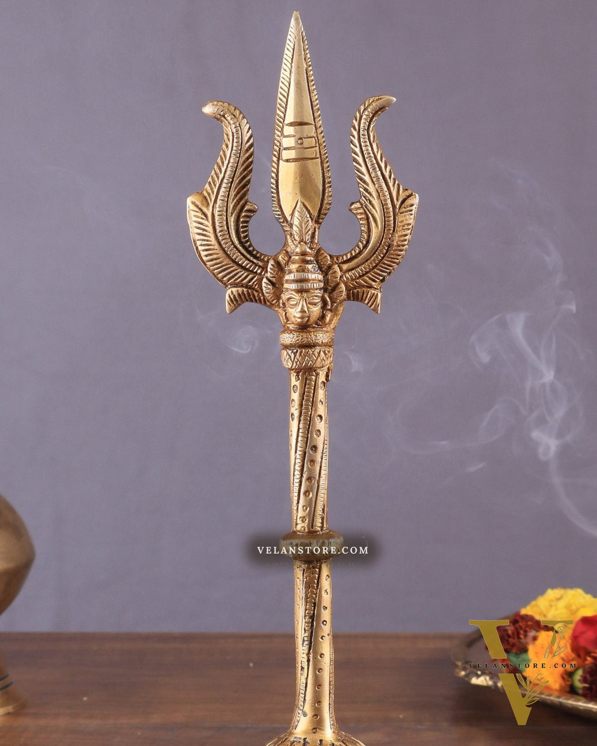 Pure Brass Standing Trishul with Intricate Carvings – 10" Decorative Piece