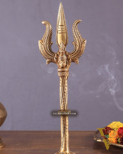 Pure Brass Standing Trishul with Intricate Carvings – 10" Decorative Piece