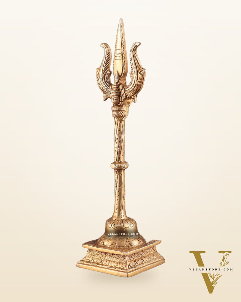 Pure Brass Standing Trishul with Intricate Carvings – 10" Decorative Piece