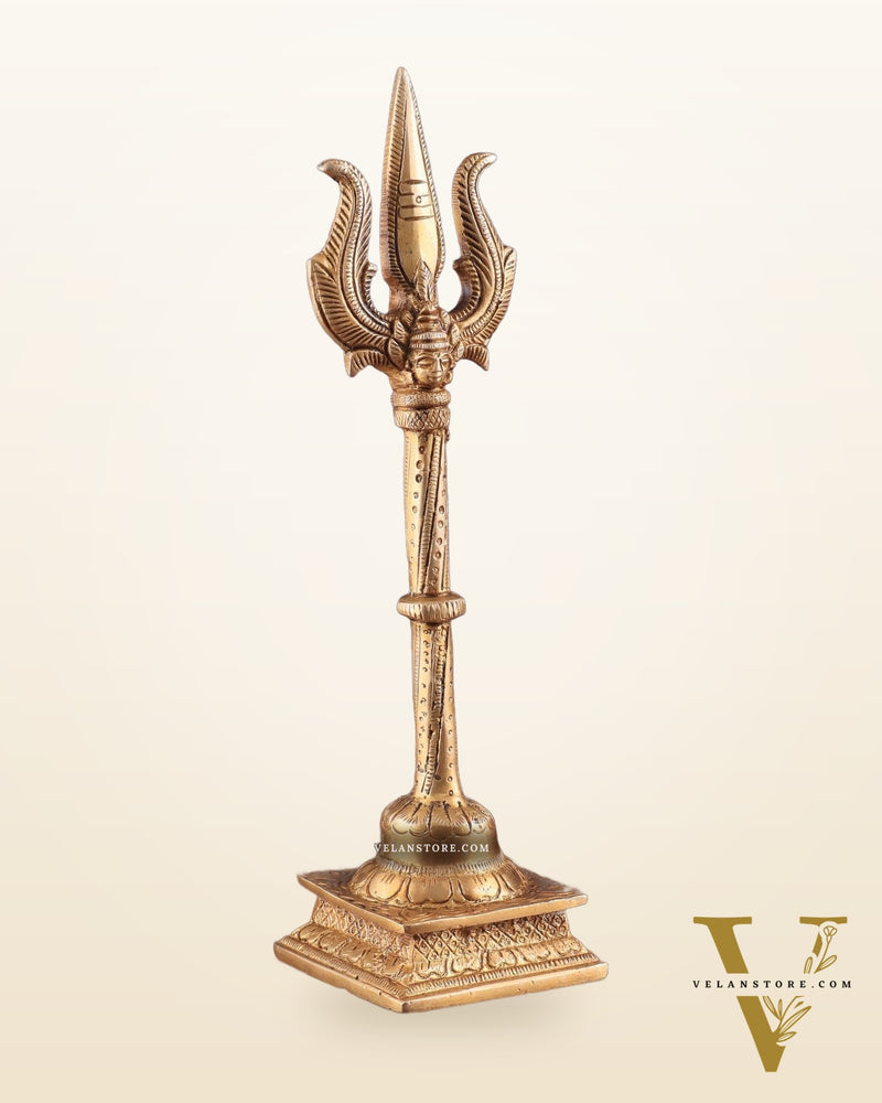 Pure Brass Standing Trishul with Intricate Carvings – 10" Decorative Piece