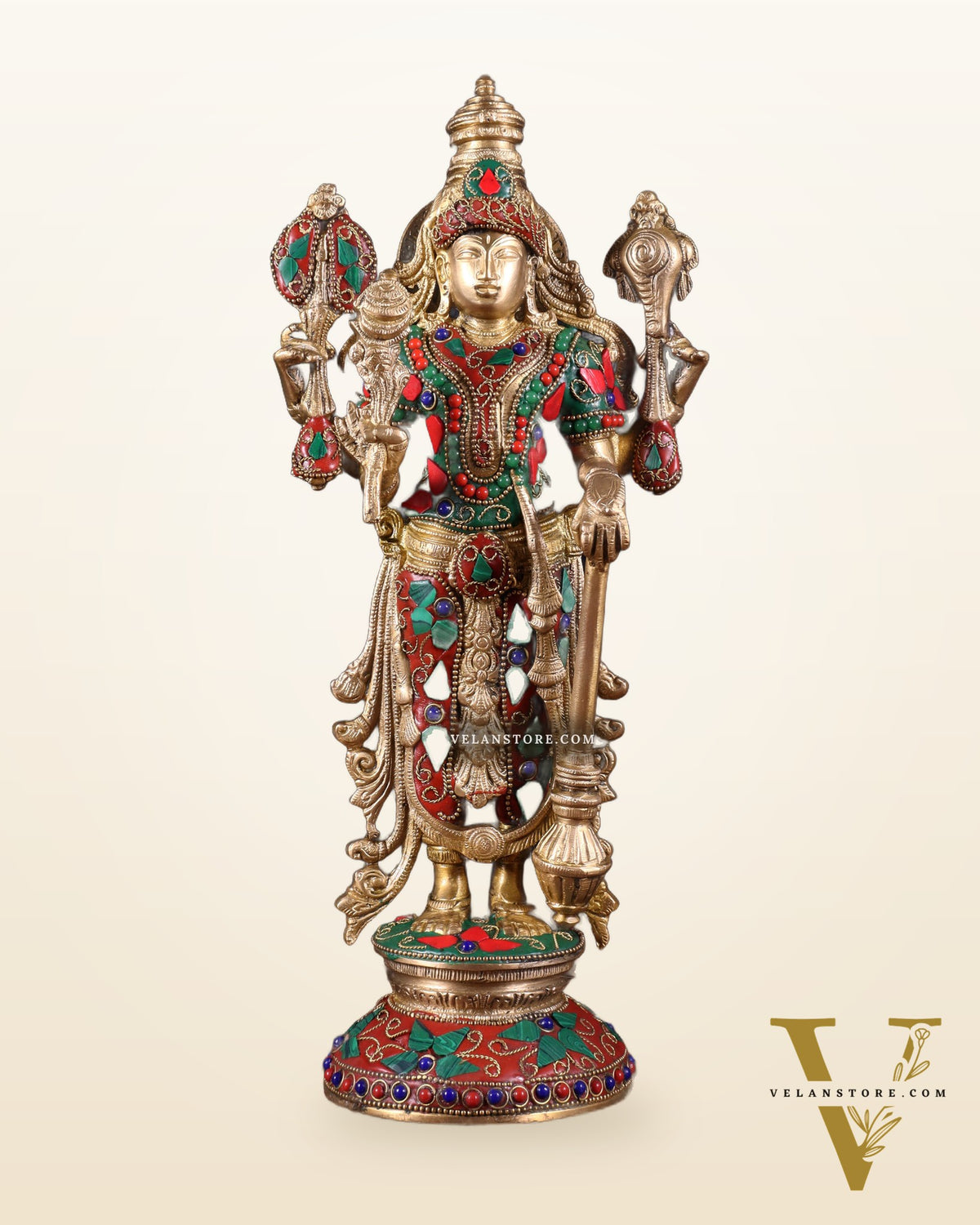 Pure Brass Standing Vishnu Statue with Meenakari Stonework – 12 Inch