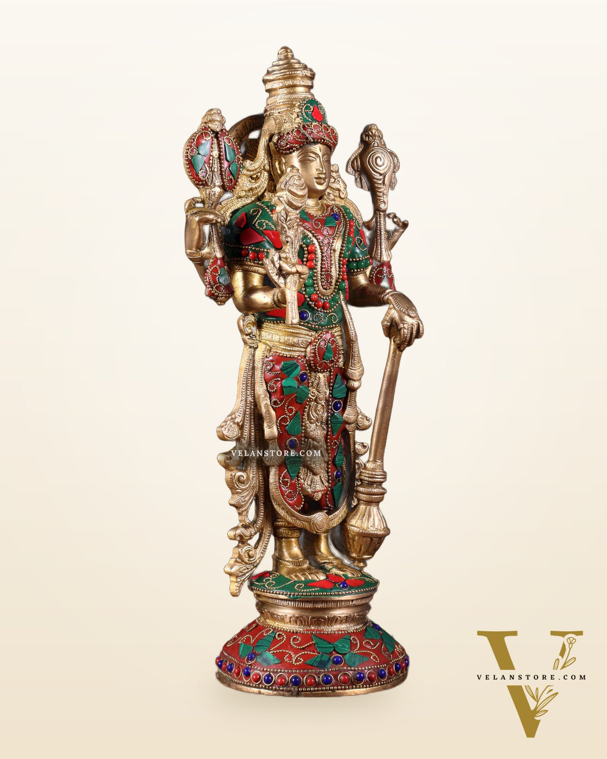 Pure Brass Standing Vishnu Statue with Meenakari Stonework – 12 Inch