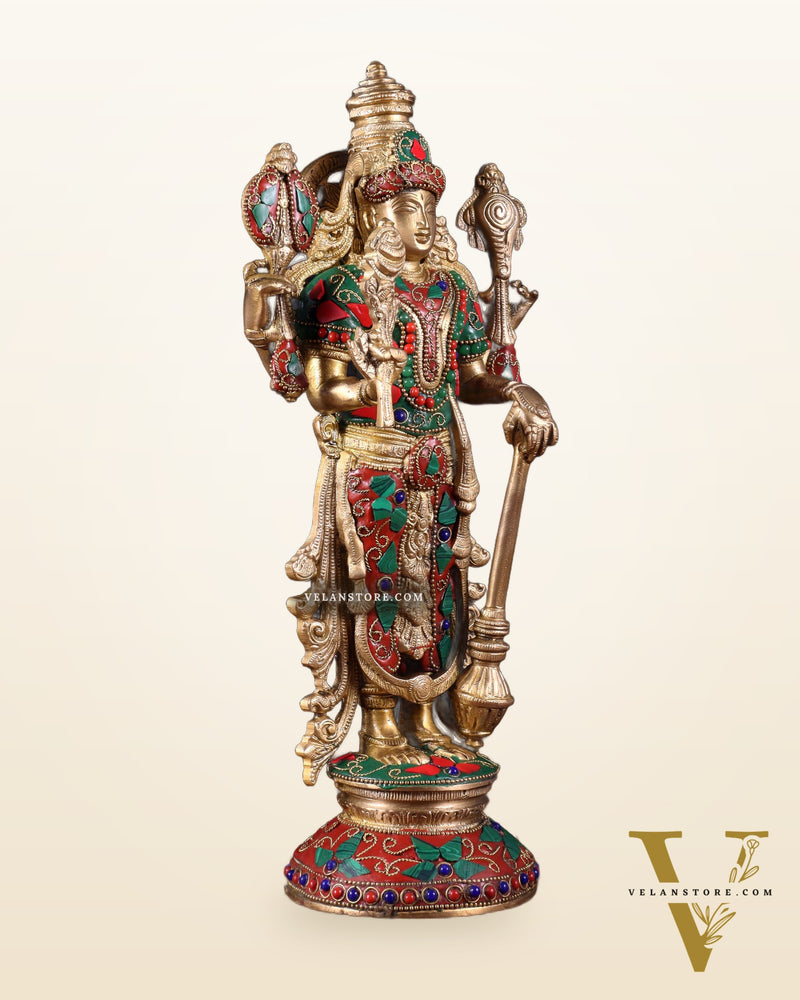 Pure Brass Standing Vishnu Statue with Meenakari Stonework – 12 Inch