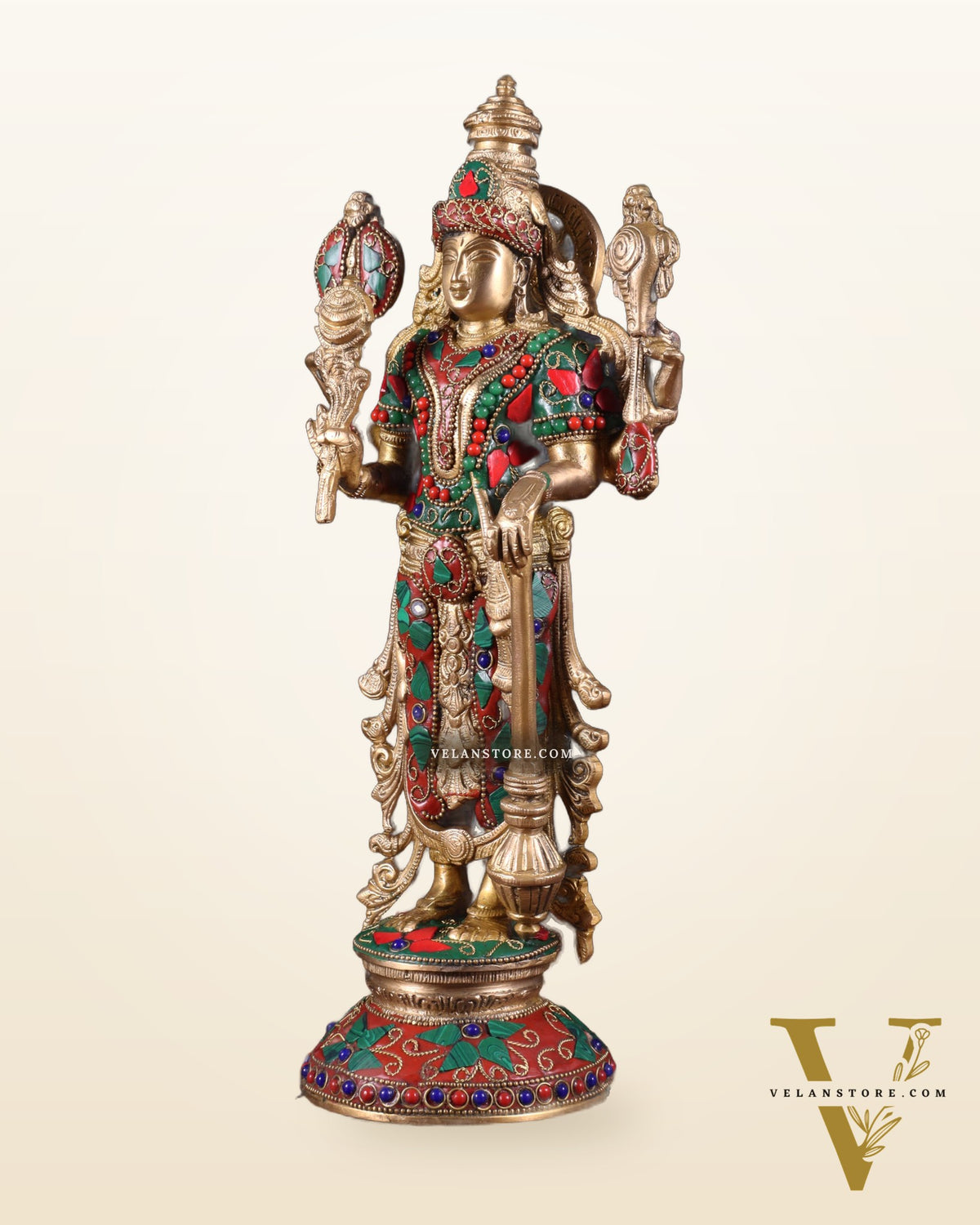 Pure Brass Standing Vishnu Statue with Meenakari Stonework – 12 Inch