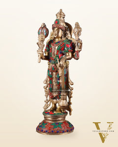 Pure Brass Standing Vishnu Statue with Meenakari Stonework – 12 Inch