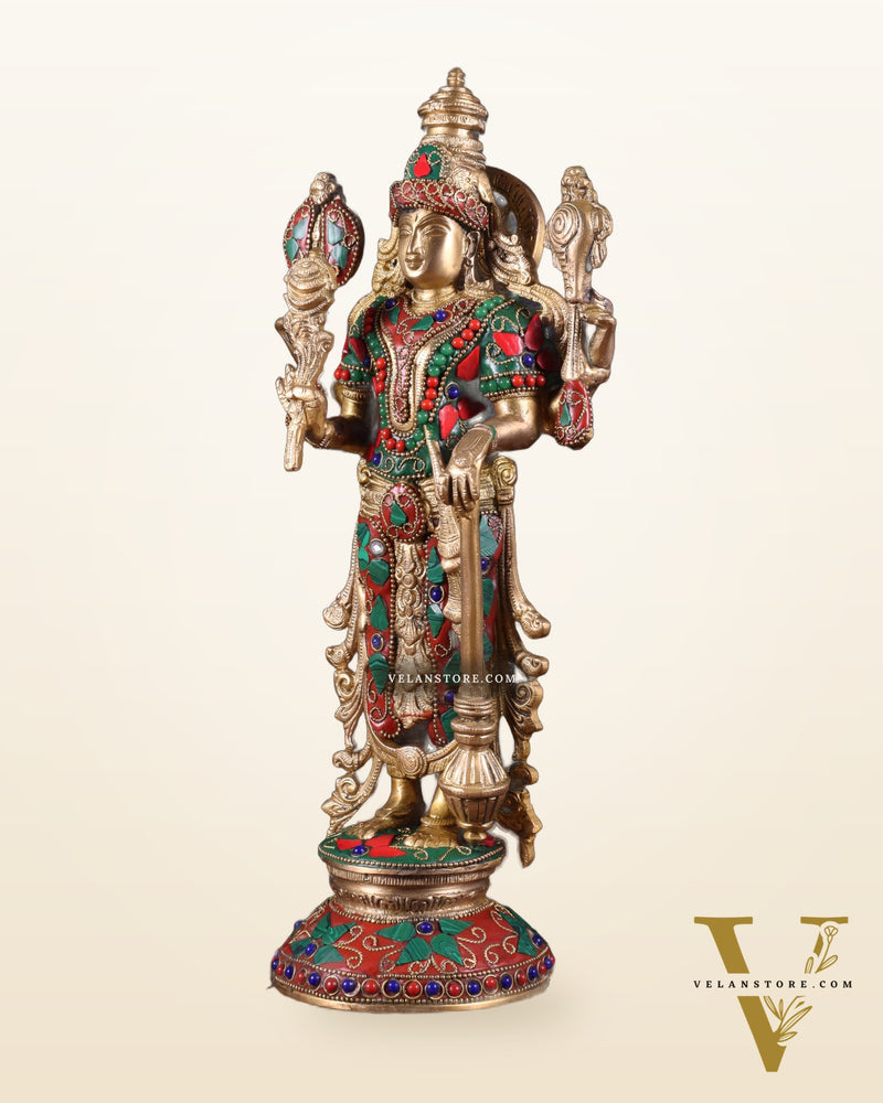 Pure Brass Standing Vishnu Statue with Meenakari Stonework – 12 Inch