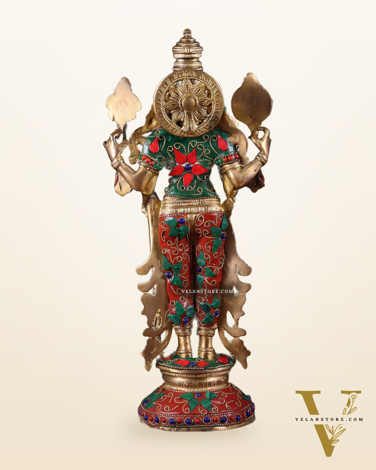 Pure Brass Standing Vishnu Statue with Meenakari Stonework – 12 Inch