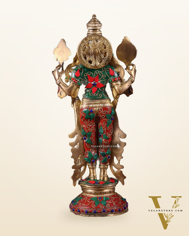 Pure Brass Standing Vishnu Statue with Meenakari Stonework – 12 Inch