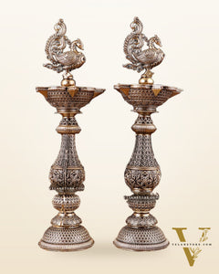 Pure Brass Superfine Annam Design Peacock samai diya – Intricate Design 8 inch pair