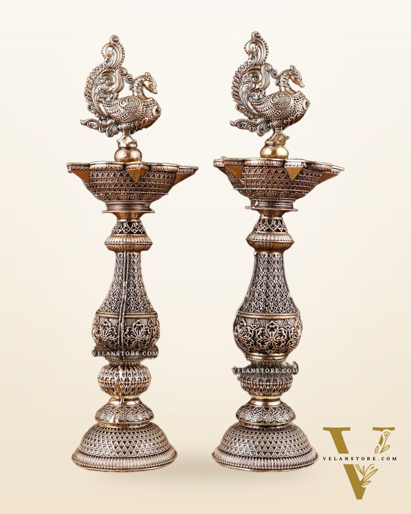 Pure Brass Superfine Annam Design Peacock samai diya – Intricate Design 8 inch pair