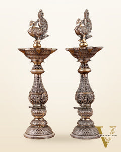 Pure Brass Superfine Annam Design Peacock samai diya – Intricate Design 8 inch pair