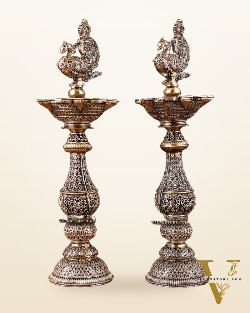 Pure Brass Superfine Annam Design Peacock samai diya – Intricate Design 8 inch pair