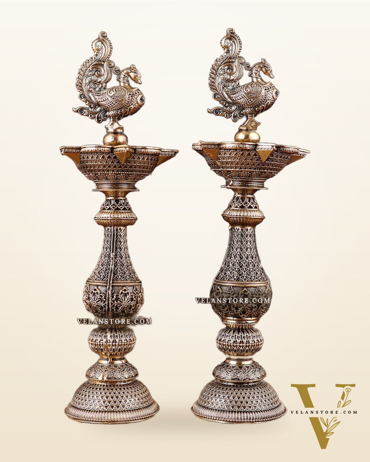 Pure Brass Superfine Annam Design Peacock samai diya – Intricate Design 8 inch pair