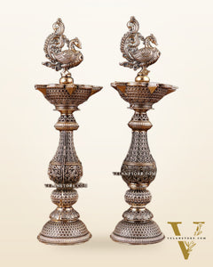 Pure Brass Superfine Annam Design Peacock samai diya – Intricate Design 8 inch pair