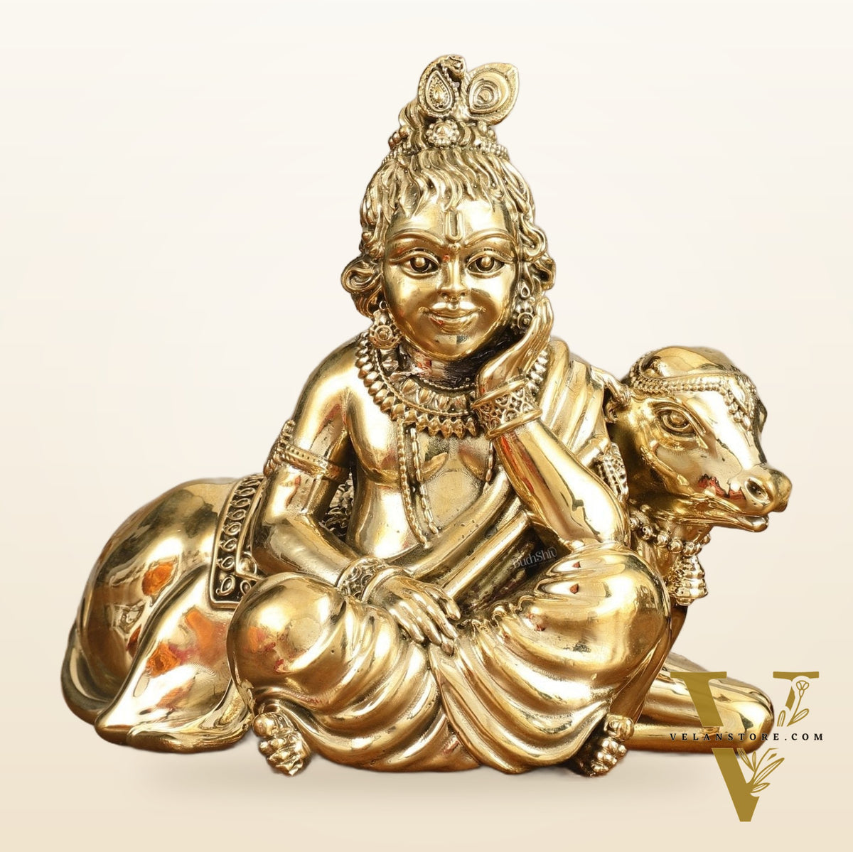 Pure Brass Superfine Bal Gopal with Cow Idol - 6 in Height