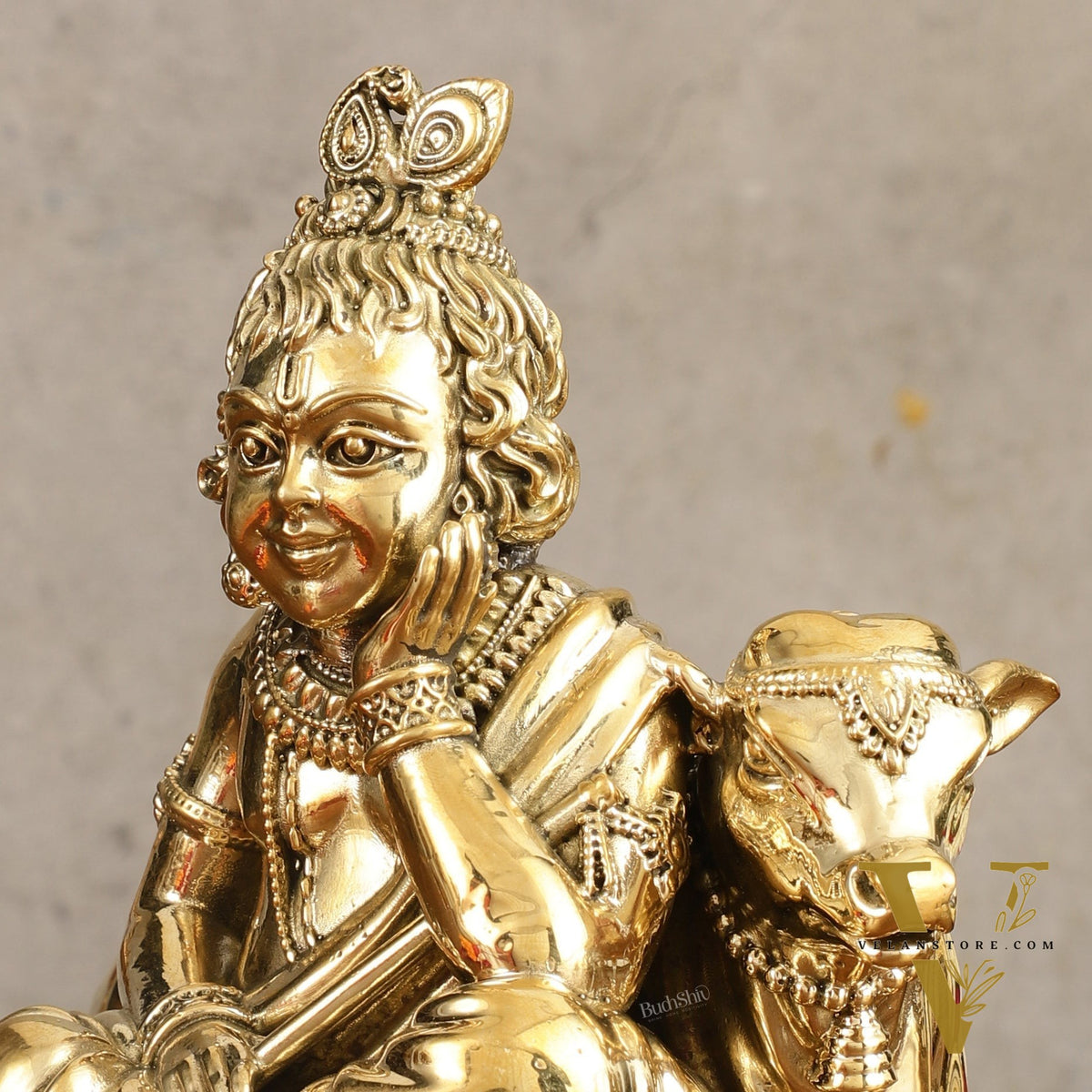 Pure Brass Superfine Bal Gopal with Cow Idol - 6 in Height
