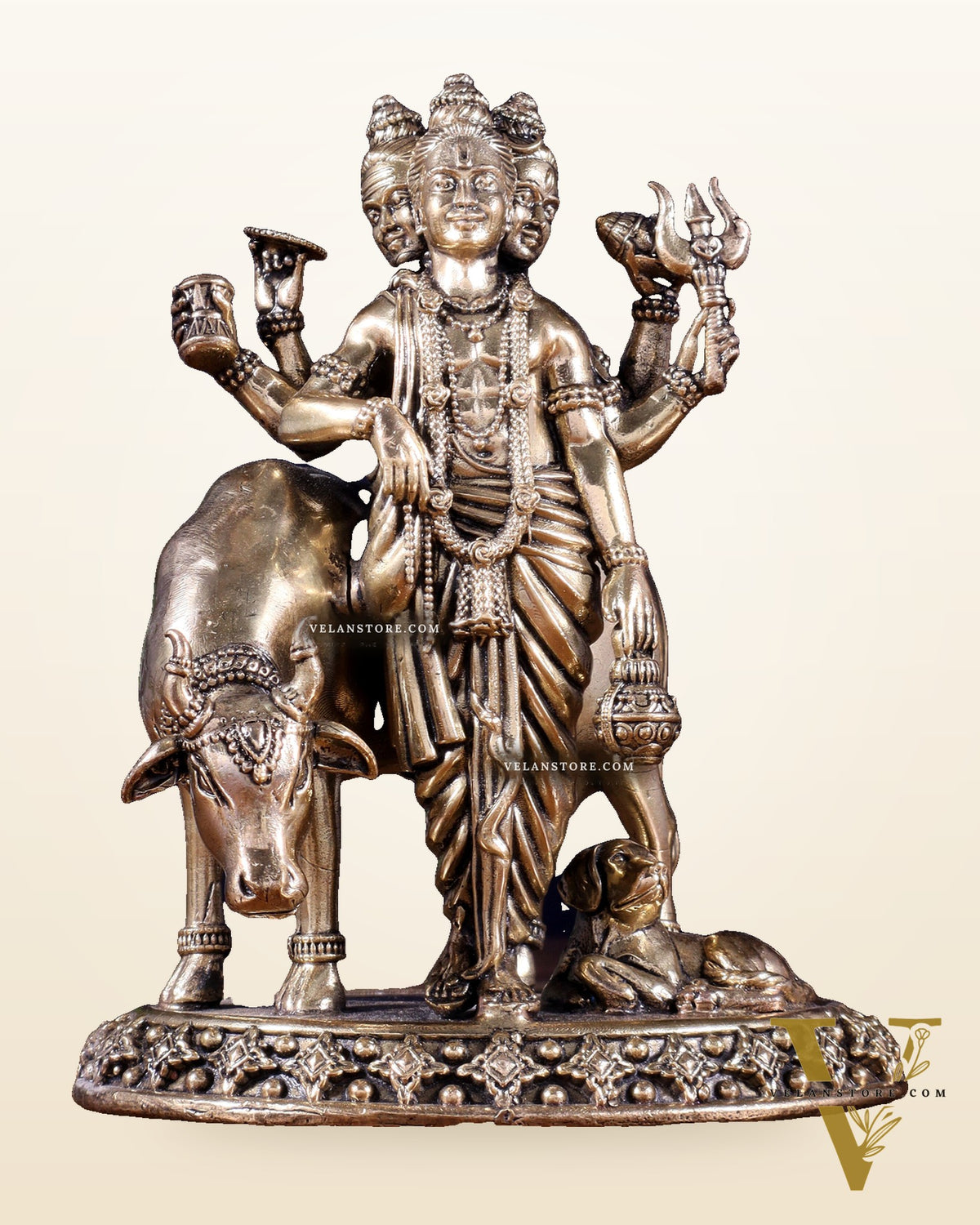 Pure Brass Superfine Dattatraya with cow and dog Idol - Lightweight Hollow Casting, 5.5"