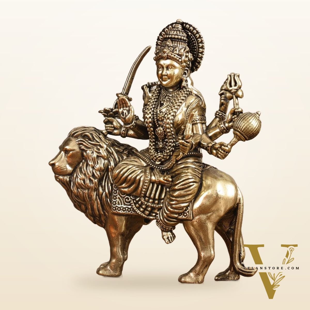 Pure Brass Superfine Durga on Lion Idol - 4 in Height