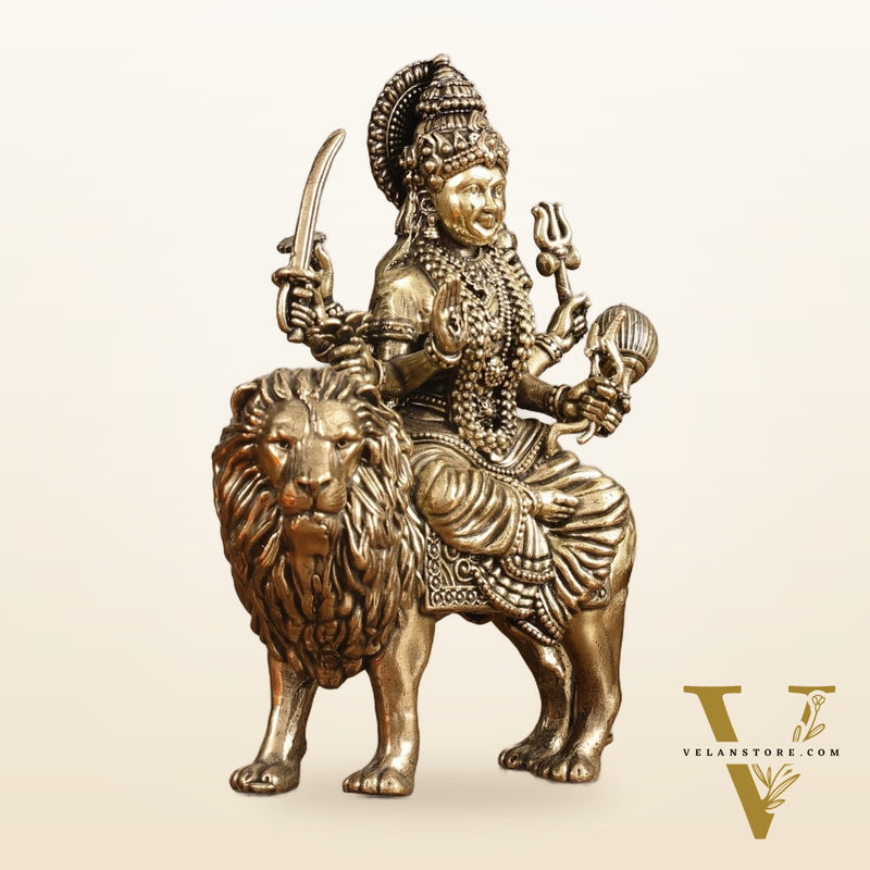 Pure Brass Superfine Durga on Lion Idol - 4 in Height