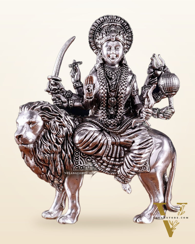 Pure Brass Superfine Durga on Lion Idol - 5 in Height silver plated