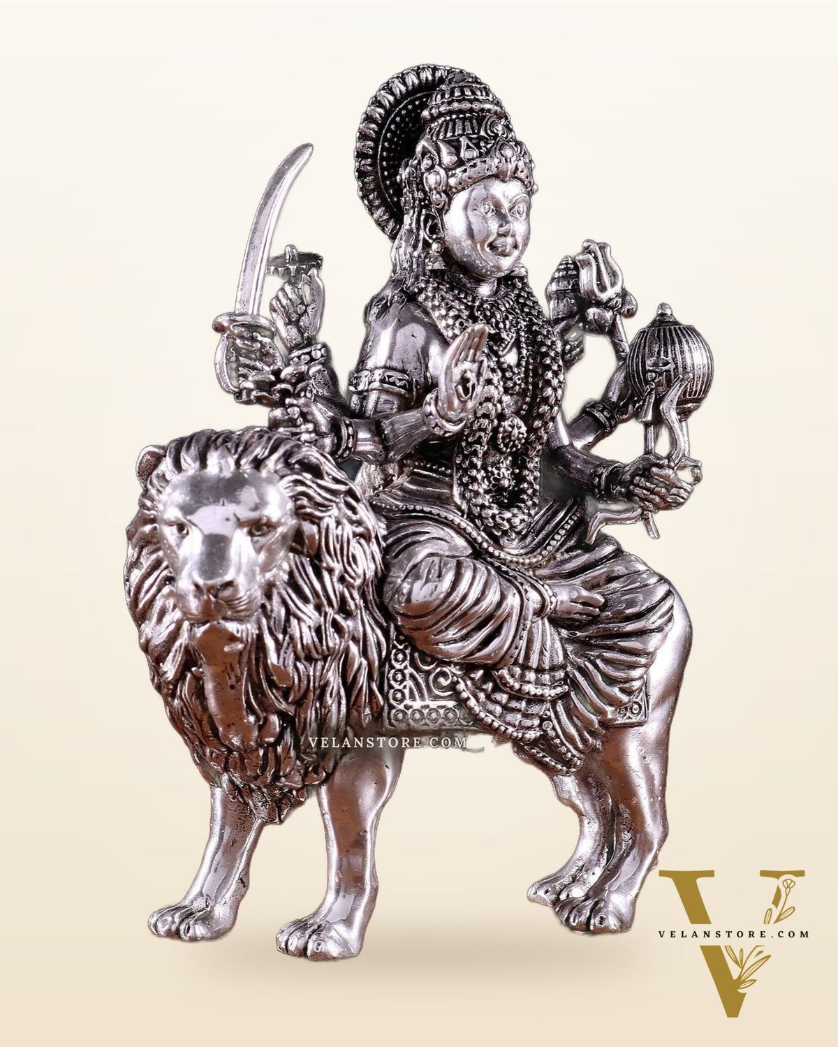 Pure Brass Superfine Durga on Lion Idol - 5 in Height silver plated