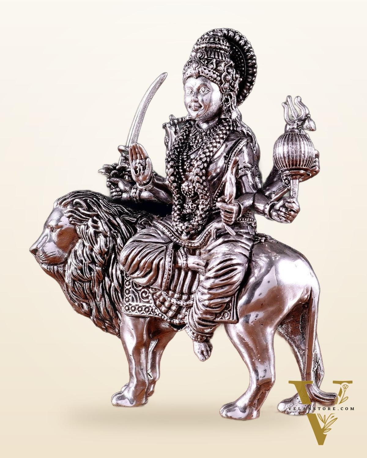 Pure Brass Superfine Durga on Lion Idol - 5 in Height silver plated