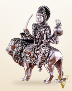 Pure Brass Superfine Durga on Lion Idol - 5 in Height silver plated
