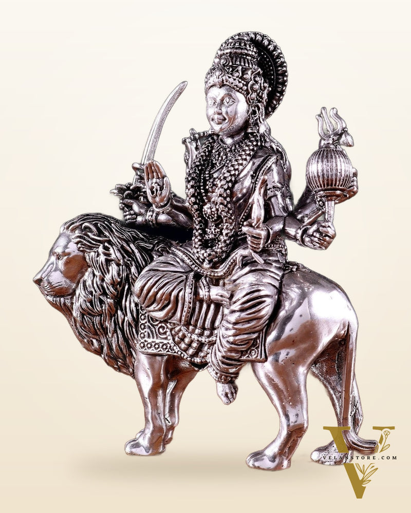 Pure Brass Superfine Durga on Lion Idol - 5 in Height silver plated