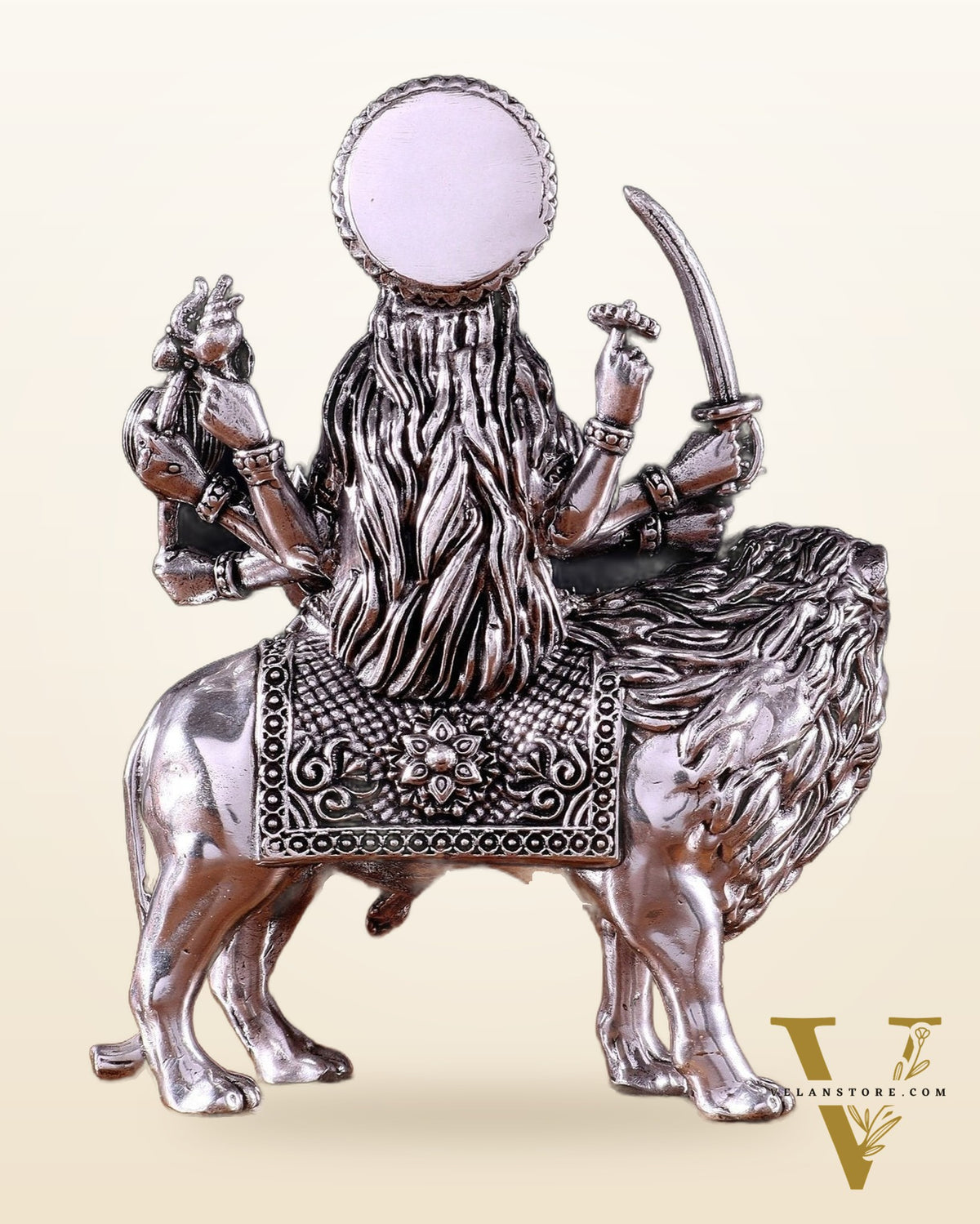 Pure Brass Superfine Durga on Lion Idol - 5 in Height silver plated