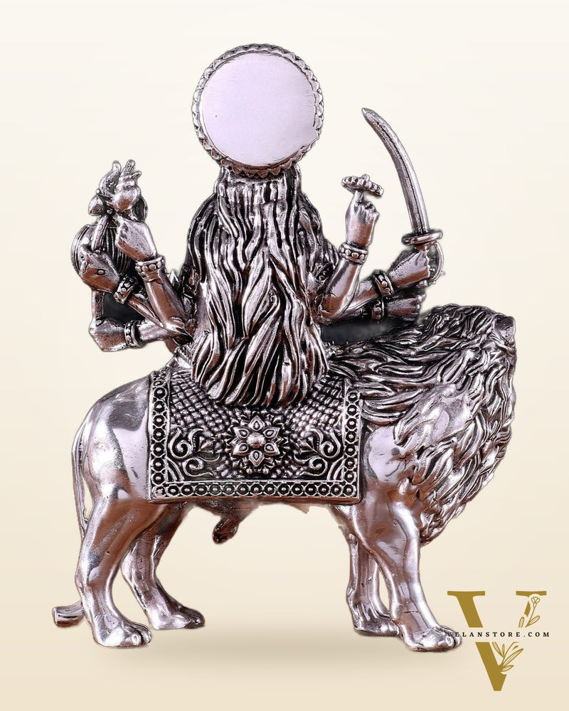 Pure Brass Superfine Durga on Lion Idol - 5 in Height silver plated