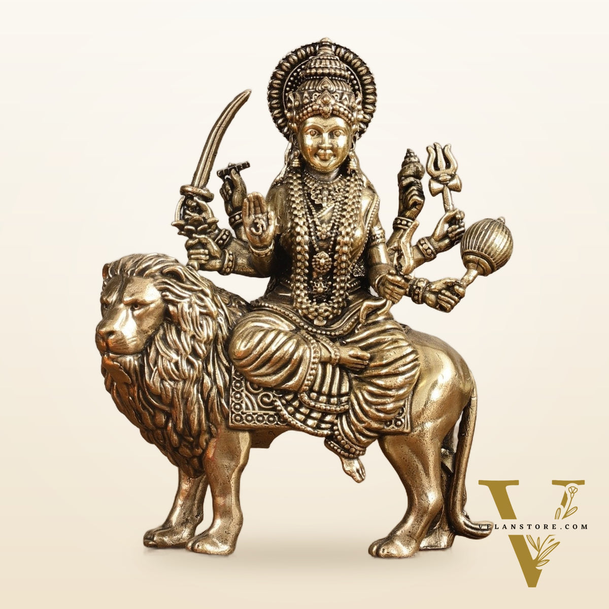 Pure Brass Superfine Durga on Lion Idol - 5 in Height