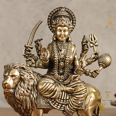 Pure Brass Superfine Durga on Lion Idol - 5 in Height