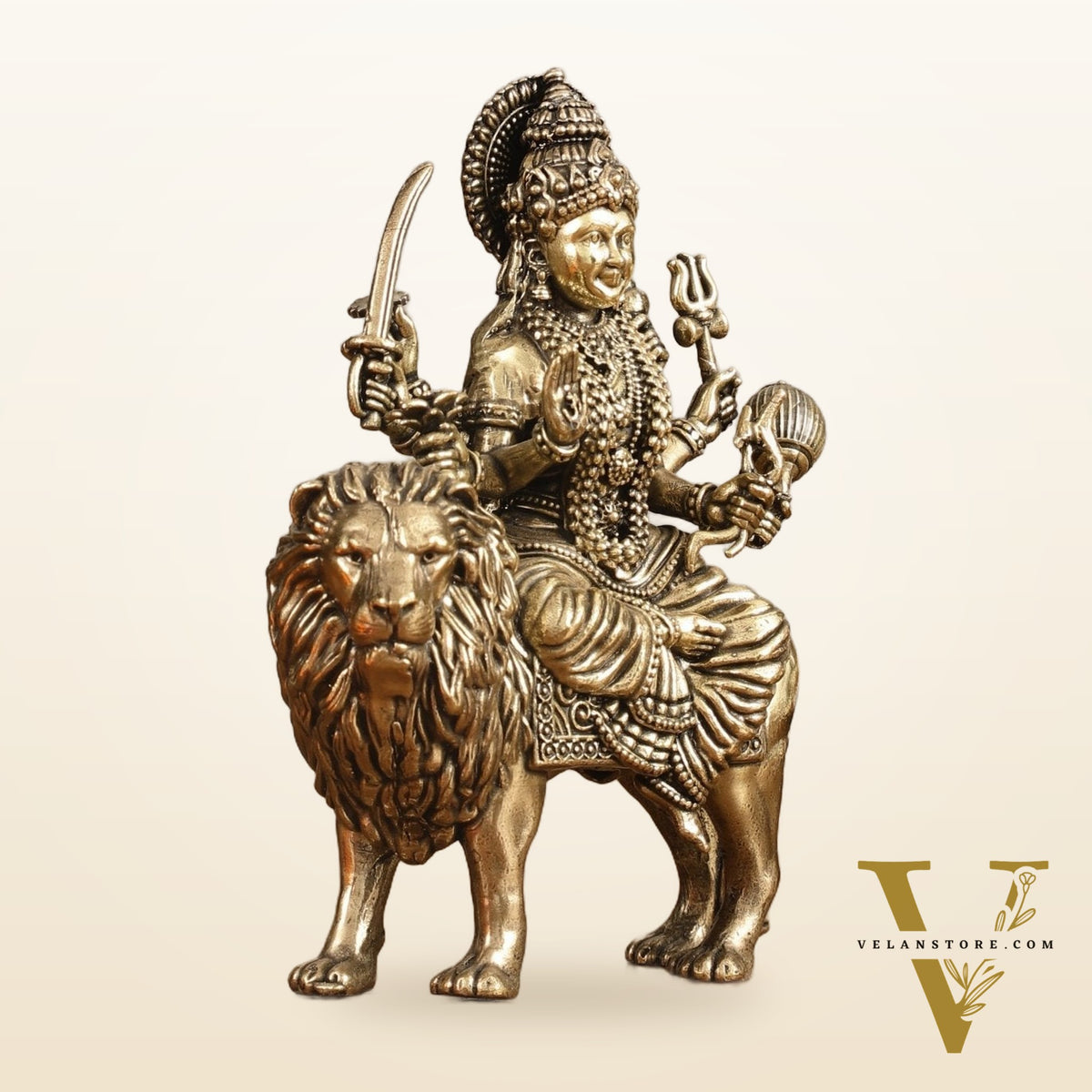 Pure Brass Superfine Durga on Lion Idol - 5 in Height