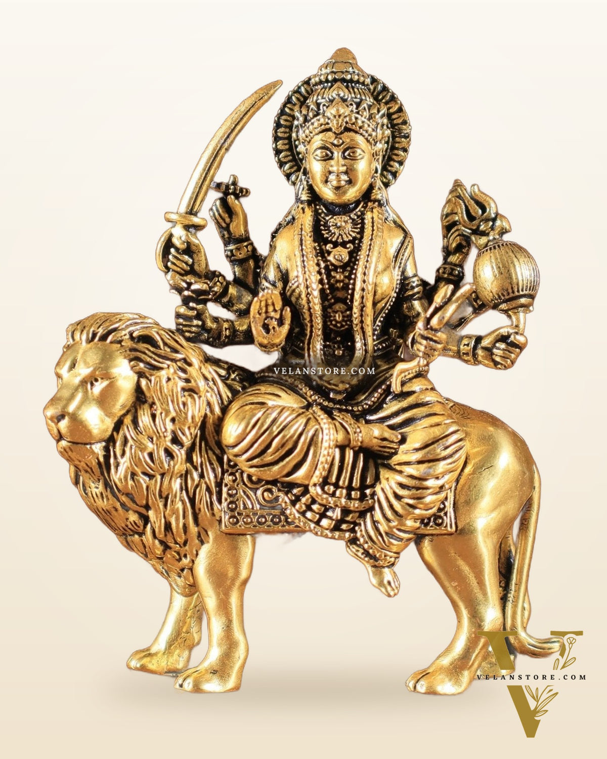Pure Brass Superfine Durga on Lion Idol golden tone