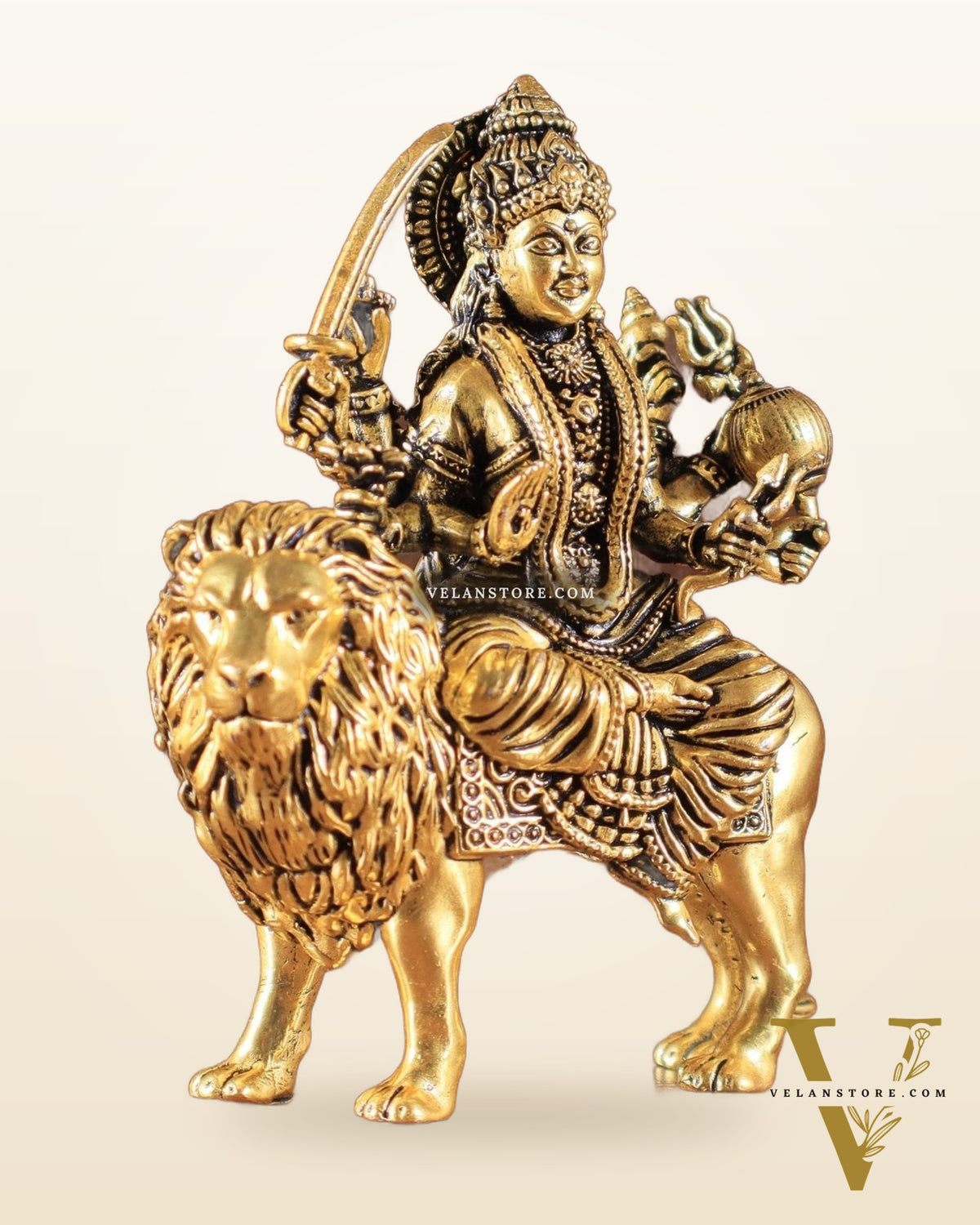 Pure Brass Superfine Durga on Lion Idol golden tone