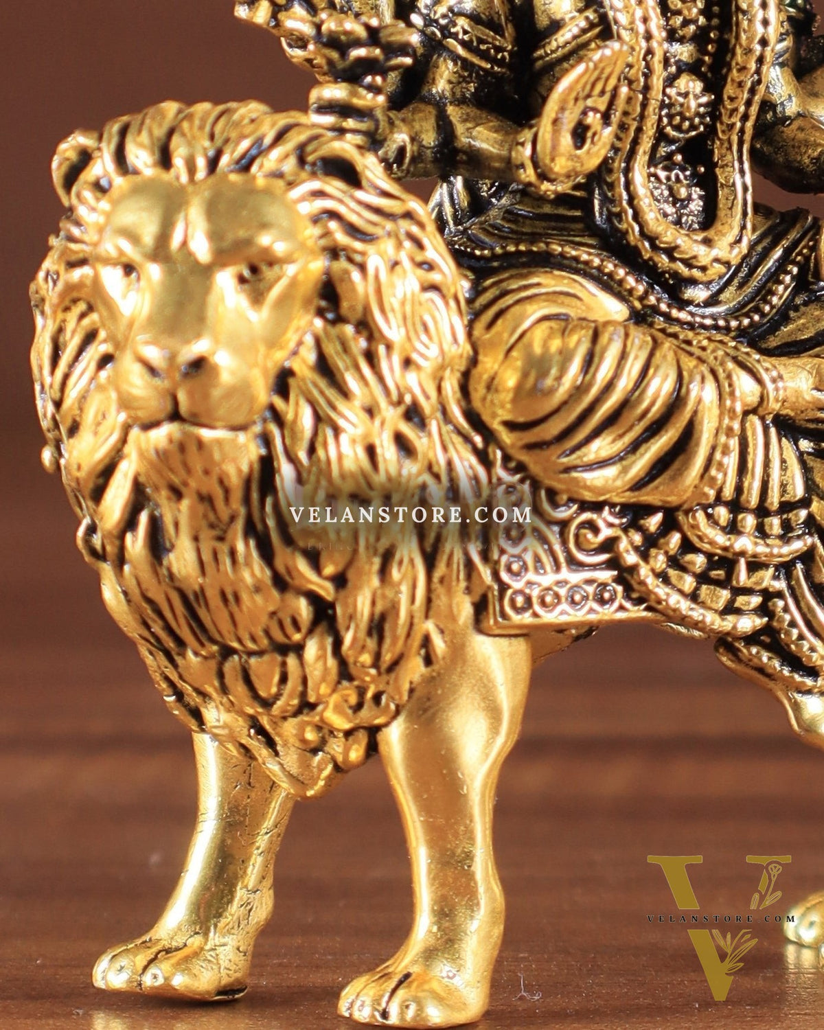 Pure Brass Superfine Durga on Lion Idol golden tone