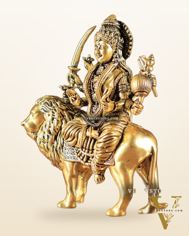 Pure Brass Superfine Durga on Lion Idol golden tone