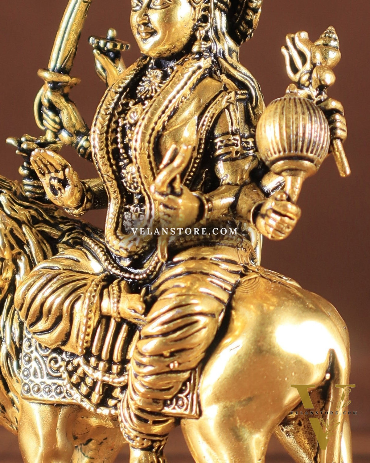 Pure Brass Superfine Durga on Lion Idol golden tone