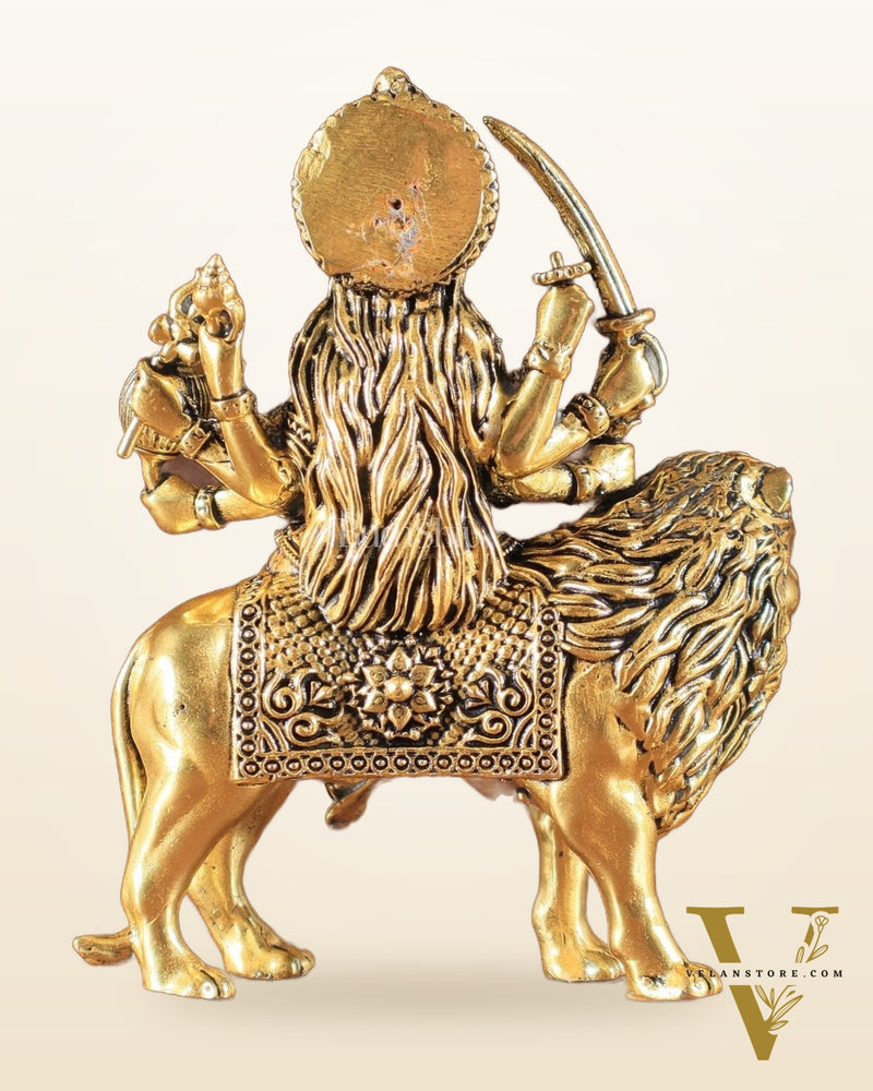 Pure Brass Superfine Durga on Lion Idol golden tone