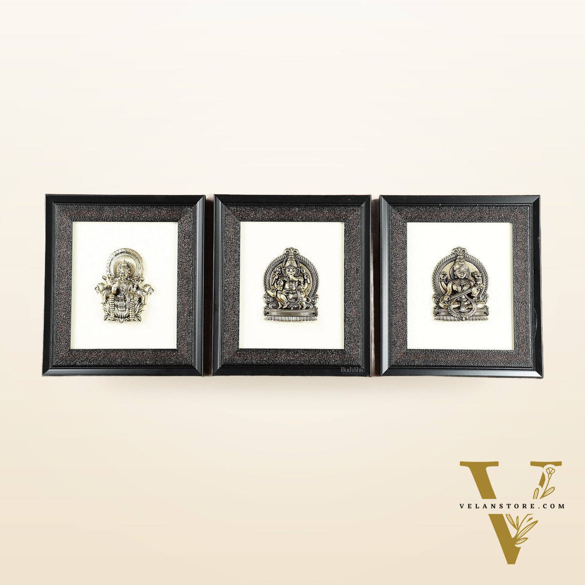 Pure Brass Superfine Ganesh Lakshmi Saraswati Hanging on Wooden Frame - 9.5 Inch