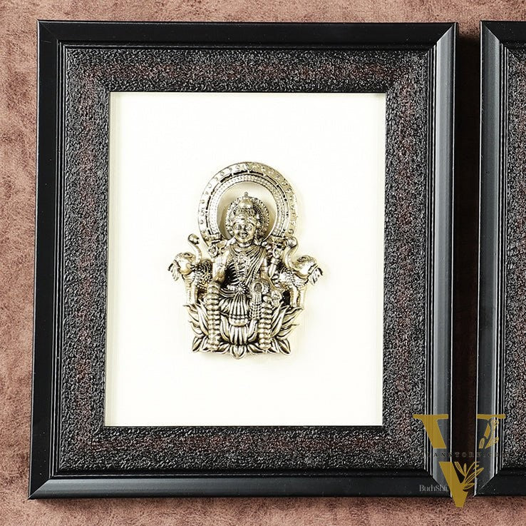 Pure Brass Superfine Ganesh Lakshmi Saraswati Hanging on Wooden Frame - 9.5 Inch