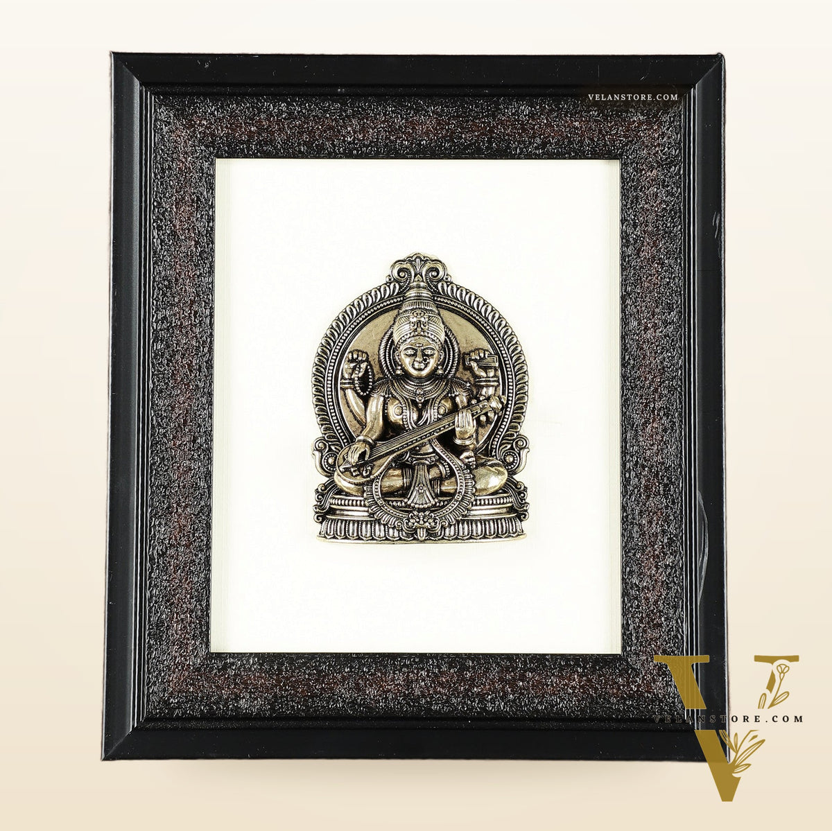 Pure Brass Superfine Ganesh Lakshmi Saraswati Hanging on Wooden Frame - 9.5 Inch