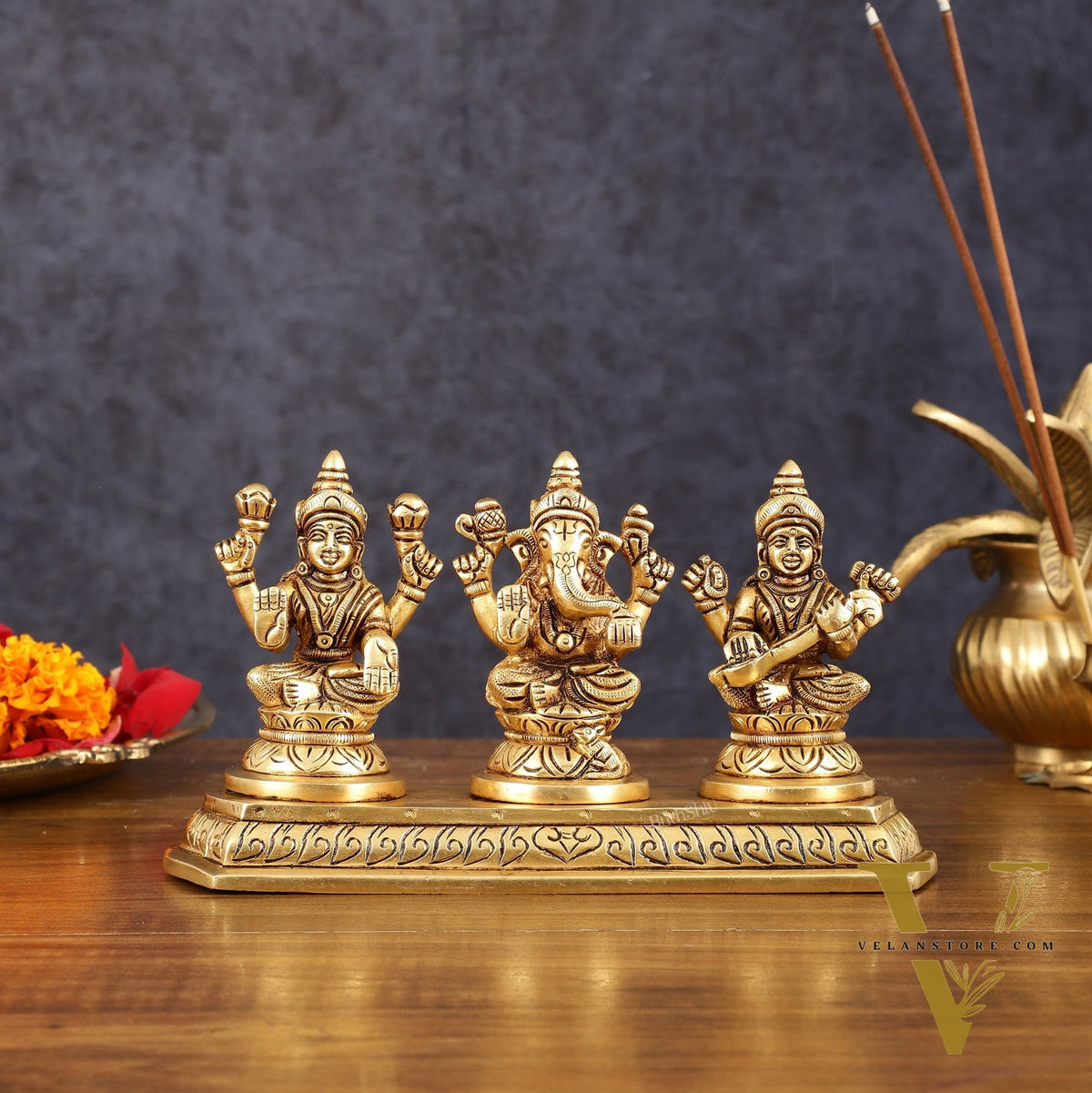 Pure Brass Superfine Ganesh Lakshmi Saraswati Idol - 4" Height