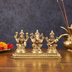 Pure Brass Superfine Ganesh Lakshmi Saraswati Idol - 4" Height