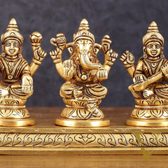 Pure Brass Superfine Ganesh Lakshmi Saraswati Idol - 4" Height