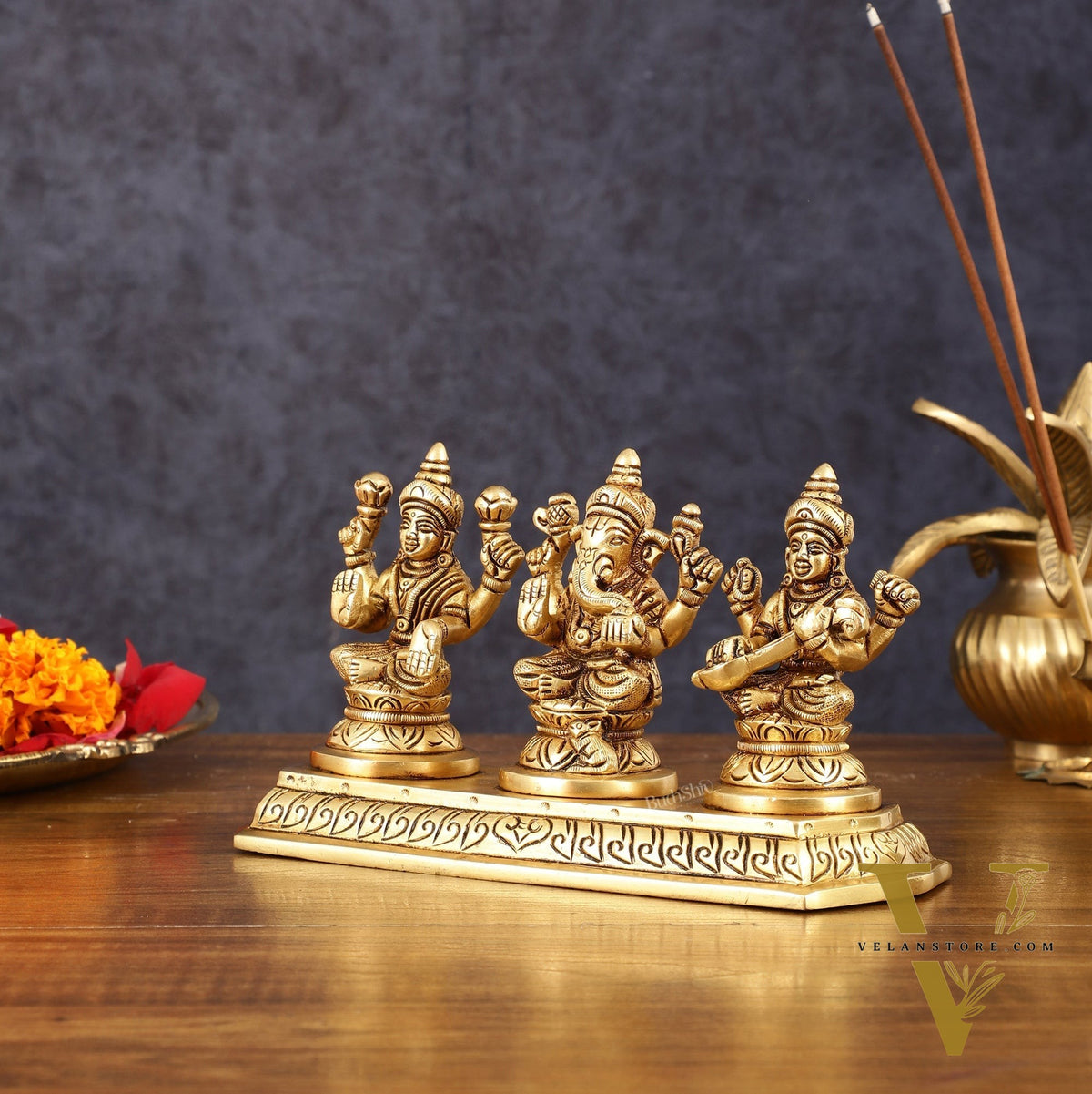 Pure Brass Superfine Ganesh Lakshmi Saraswati Idol - 4" Height
